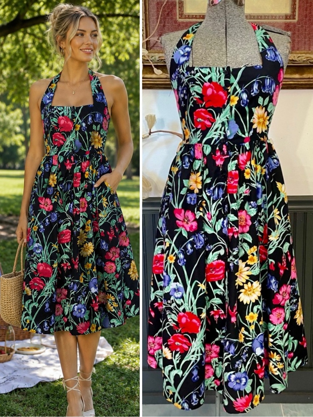 Vintage 80s Together! Floral Fit & Flare Halter Button Sun Dress Pockets Sz 2P💛